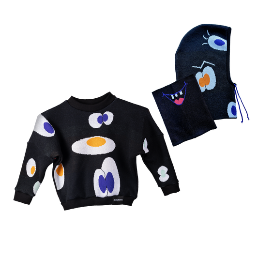 Kukulík - indigo, pomeranč, pistácie - svetr & kukla s nákrčníkem