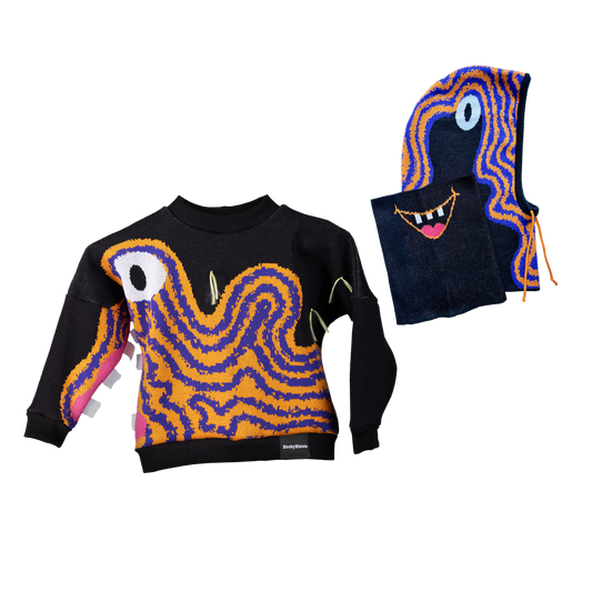 Plasmík - indigo, pomeranč - svetr & kukla s nákrčníkem