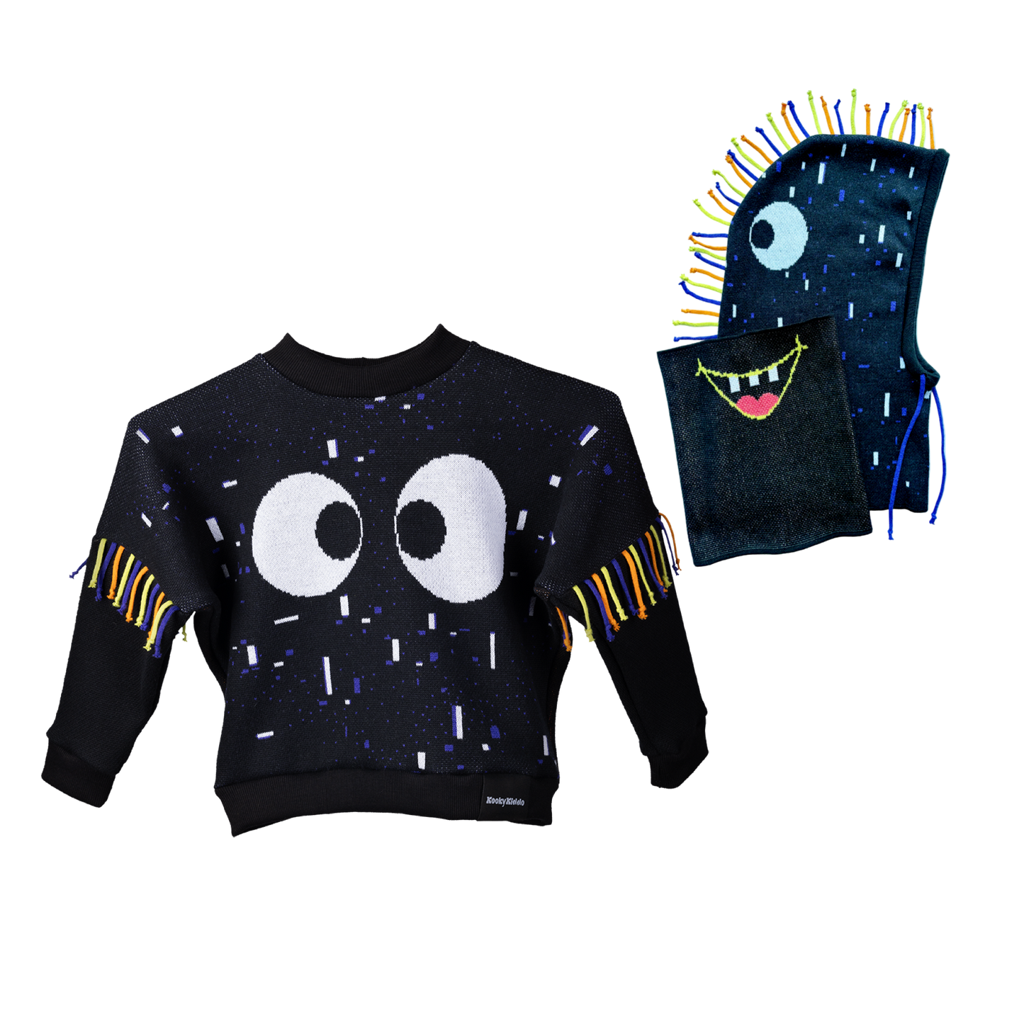 Třásník - indigo - svetr & kukla s nákrčníkem