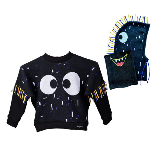 Třásník - indigo - svetr & kukla s nákrčníkem